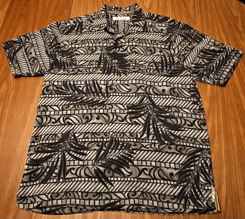 Tommy Bahama Hawaiian Shirt 100% Silk, Black/Gray Leaves & Geometric - Men’s S